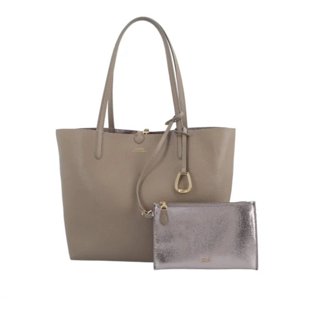 LAUREN Ralph Lauren MERRIMACK Taupe/Gun Metal Vegan Leather Reversible Tote Bag
